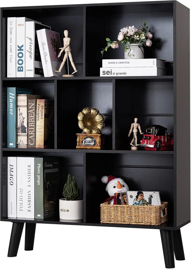 YAHARBO Black Bookshelf,3 Tier Modern Bookcase with Legs,Bookshelves Wood Storage Shelf, Open Book Shelves Cube Organizer,Freestanding Short Bookcases (80CM)