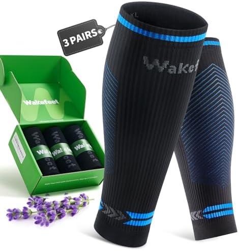 Wakefeet 3 Pairs Calf Compression Sleeve for Men and Women, Leg Compression Sleeve for Running, Hiking, Sports, XXL, Black/Blue 