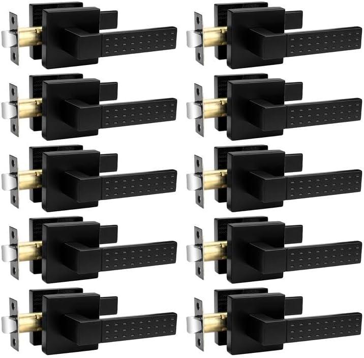 Probrico Matt Black Passage Interior Door Handle Without Keys, Square Heavy Duty Knobs for Hall and Closet Doors, Non-Slip Grip Levers for Right/Left Handed Doors, 10 Pack