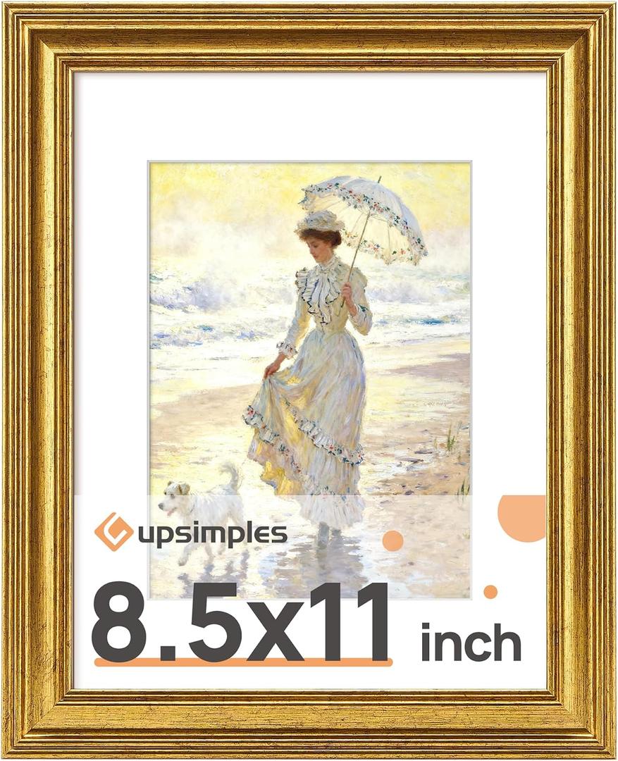 Upsimples Vintage 8.5 by 11 Picture Frame, Antique Gold Frames Display 6x8 with Mat or 8.5 x 11 Without for Wall or Tabletop Decor, 1pack