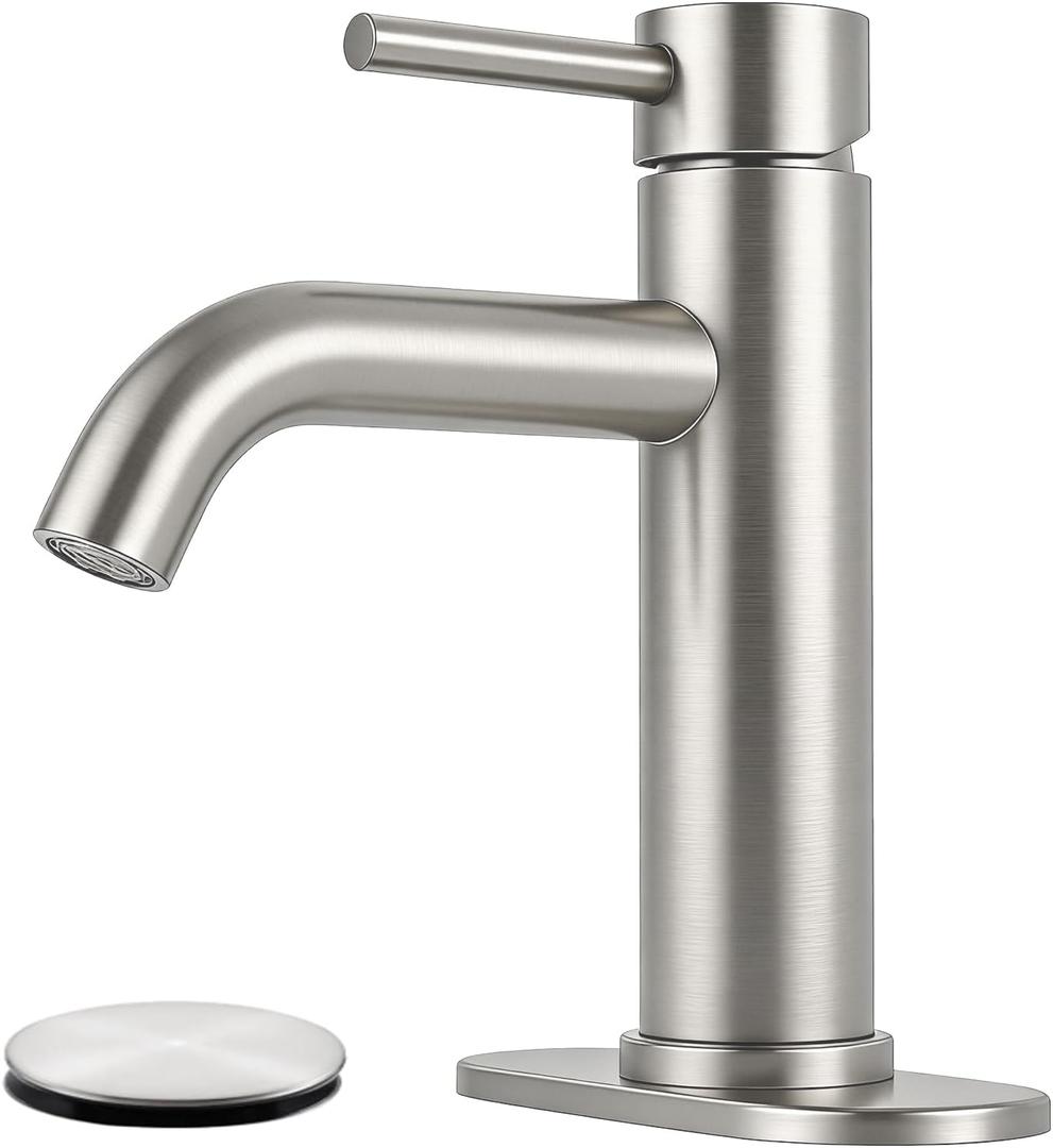 Bathroom Faucets Brushed Nickel Bathroom Sink Faucet Modern Single Handle Bathroom Faucet for 1 or 3 Hole Mxier Tap Washbasin Faucet with Deck, Pop-up Drain and Supply Hoses
