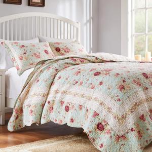 Antique Rose 100% Cotton Heirloom-Quality Quilt Set, 3-Piece Full/Queen, Blue
