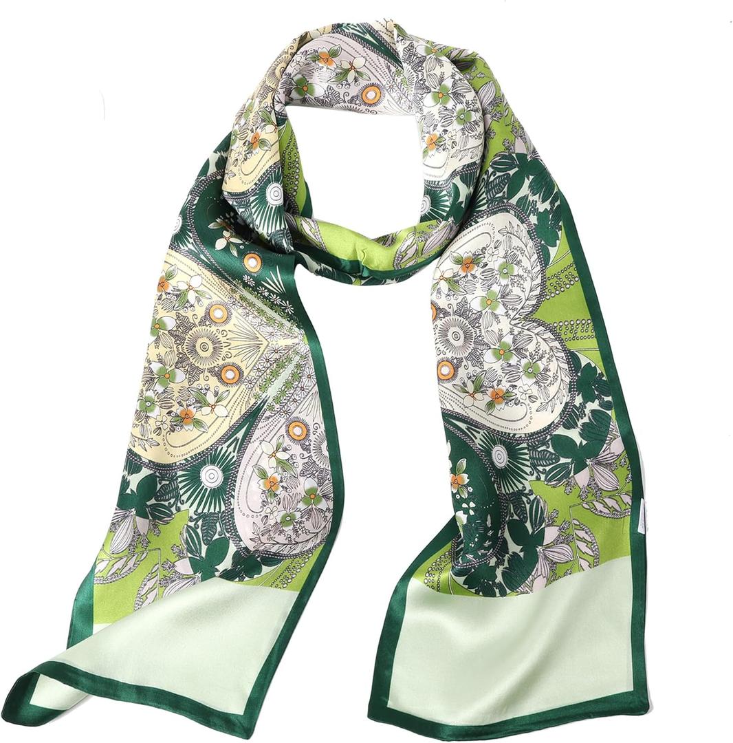 MEISEE 100% Mulberry Silk Scarf for Women 59*6.3 Long Headscarf Neck Scarf Hair Wraps and Shawls with Gift Packed (Green Flowers)