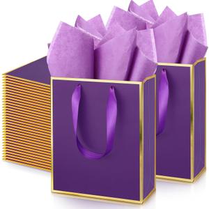 Yeaqee 50 Pack Metallic Gift Bags with Handle and Tissue Paper Gold Foil Welcome Bag for Wedding Guest Fall Party Hotel Guest 5 Senses Gifts Birthday Baby Shower Holiday 9x7x3.15''(Purple Gold)