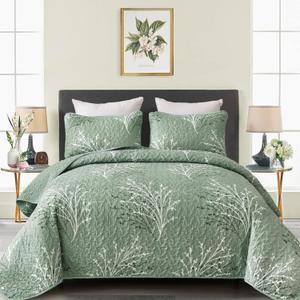 DJY Sage Green Quilt Set California King Size, Branch Botanical Bedspread Coverlet Set, Soft Microfiber 3 Piece Green Floral Quilt Bedding Set Lightweight Summer Bedspread for All Season