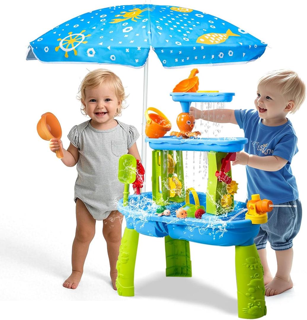 AuntyFey Water Table for Toddlers 1-3-5, Toddler Sand Table, Kids Water Table with Umbrella for Outside Kids Ages 4-8, Blue