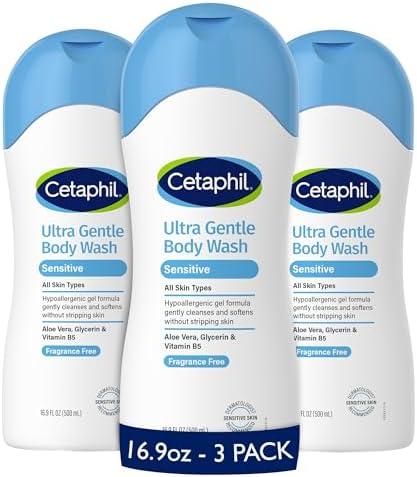 Cetaphil Ultra Gentle Body Wash, For Dry to Normal, Sensitive Skin, 16.9oz Pack of 3, Aloe Vera, Vitamin B5, Hypoallergenic, Paraben Free, Fragrance Free, Dermatologist Tested