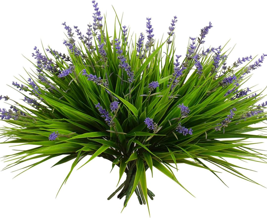 alyptus 12 Bundles Artificial Plants Outdoor Fake Monkey Grass with Flowers for Pot UV Resistant Plant Decor for Window Garden Patio Hanging Planter Pathway Front Porch (Grass with Flowers) (Green and Purple)