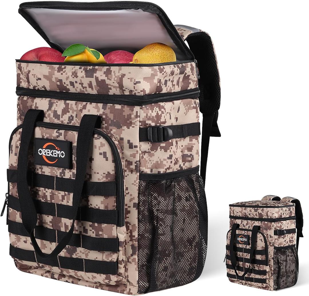 Insulated Cooler Backpack, 35 Can / 25L Large Camping Backpack for Outdoor, Beach, Picnic - Soft Lightweight Leakproof Cooler Backpack for Women and Men (Camo Brown, 25L)