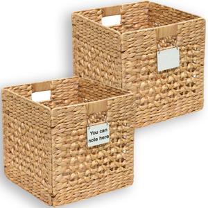 Water Hyacinth Storage Basket, Set of 2 Hand-Woven Wicker Baskets, Foldable Cube Storage Bins, Wicker Cube Laundry Organizer, Square Baskets for Organizing Shelves Decor, 12x12x12in