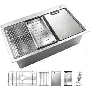 3322 Inch Drop In Kitchen Sink 304 Stainless Steel Top monut Deep Single Bowl Workstation Sinks, Integrated Ledge Design with Full Accessories