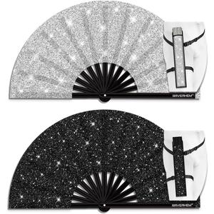 Glitter Large Rave Folding Clack Hand Fan with Holster, Boots on the Ground Popping Handheld Fan Foldable for Men Women for EDM Festival Club Party Dance, (Silver+black, Large 13") (33cm Closed | 63cm Open (13" Closed | 24.5" Open))