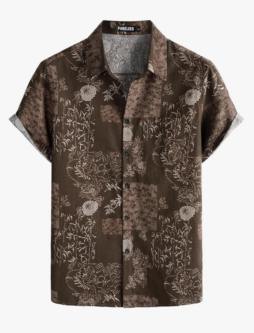 Men's Cotton Linen Vintage Pattern Printed Old Style Shirt Casual Short Sleeve Button Down Retro Shirts XL