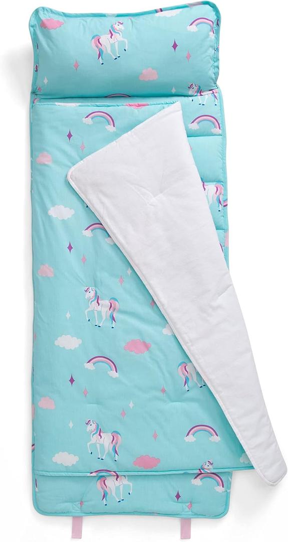 Delta Children Nap Mat - Includes Pillow & Blanket for Toddlers and Kids; Features Carry Handle w/Strap Closure and Name Tag; Rollup Design is Ideal for Preschool and Daycare; Personalization Optional (Unicorn)