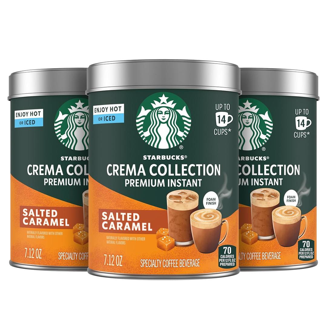 Starbucks Crema Collection Premium Instant Salted Caramel Flavored Instant Coffee, 100% Arabica Beans, 3 Tins (7.12 Oz Each) (EXP 05/13/26)