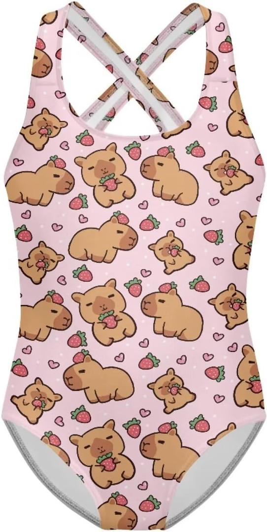 One Piece Swimsuit for Girls Kids Quick Dry Bathing Suit with Crossback Strap Summer Beach Swimwear Size 5T-14 (11-12 Years, Capybara Strawberry)