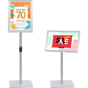 NicQliear Adjustable Sign Stand Holder, 11 x 17 Inch Poster Stand with Extra Heavy Duty Square Metal Base, Vertical or Horizontal Outdoor Floor Standing Indoor Display Holder for Restaurant, Silver