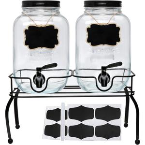 1-Gallon Drink Dispenser,Accguan Glass Water Dispenser with Black Tin Lid and Black Stainless steel faucet,Black Iron Frame,Mason Drink Dispenser for Parties, Picnics, Barbecues and Daily,2 pack