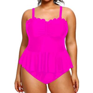 Yonique Women Plus Size 2 Piece Tankini Swimsuits Ruched Bathing Suits Peplum Swimwear Scalloped Swimsuits (Hot Pink) Size 22W