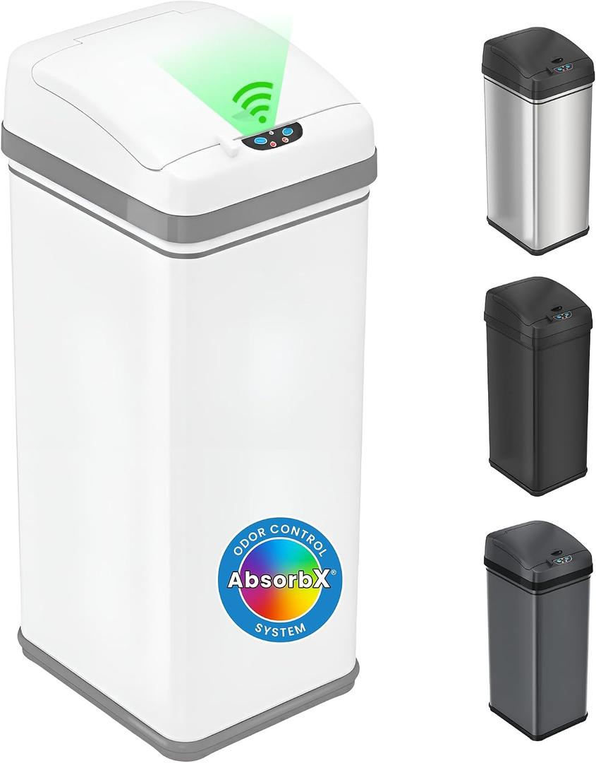 iTouchless 13 Gallon Motion Sensor Garbage Container with Odor Filter, 50L Touchless Stainless Steel Kitchen Bin, Smart Automatic Lid, Fingerprint-Proof, Pet-Safe Lock & Soft-Close, Brilliant White