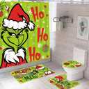 4 Pcs Christmas Shower Curtain Sets, Toilet Lid Cover and Non-Slip U Shape Bath Mat, Christmas Bathroom Decor Xmas Holiday Home Decor