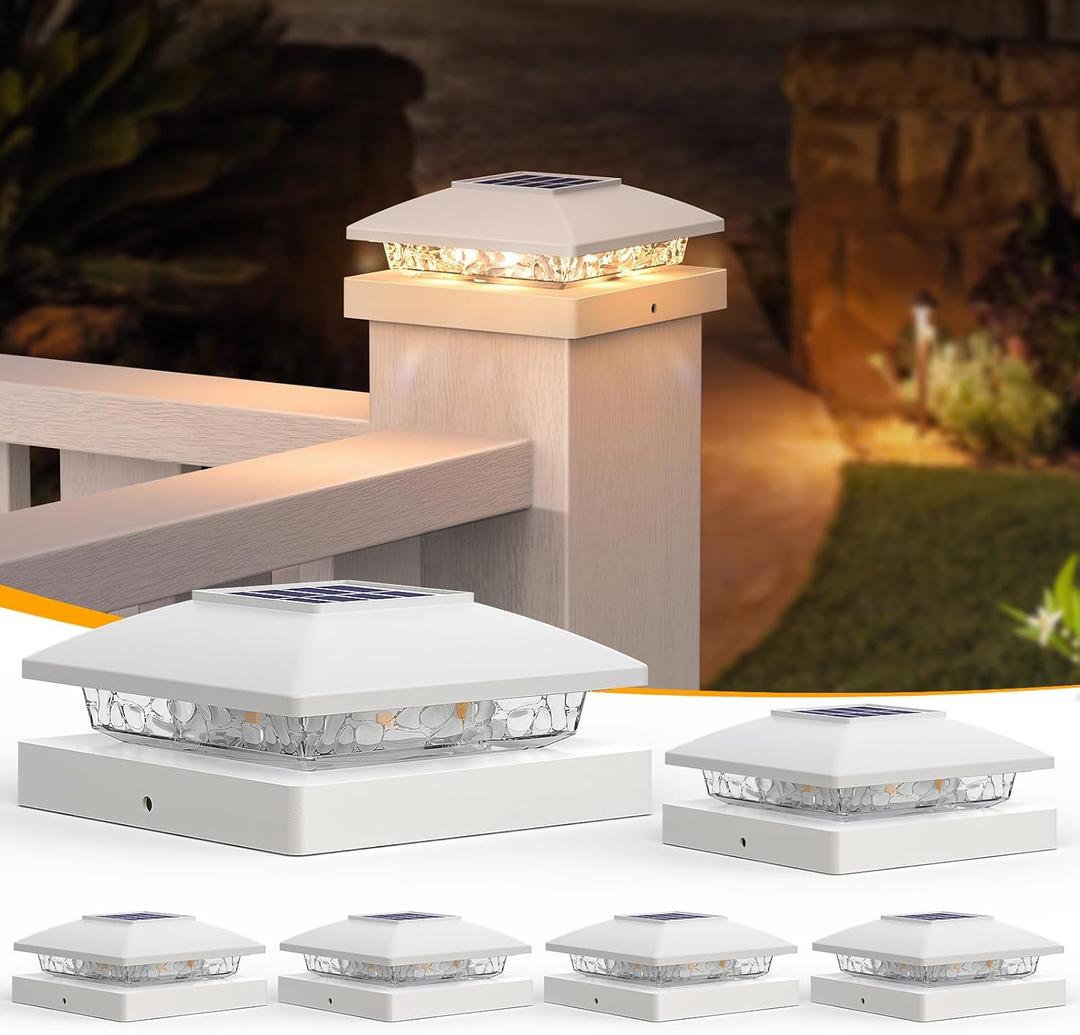 APONUO Solar Post Cap Lights for 4x4 Posts, Bright Warm White LED Post Cap Lights Solar Powered, IP64 Waterproof & All-Night Lighting, White 6 Pack  Deck, Fence, Patio Light (Easy Install)