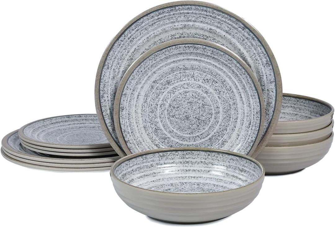 Melamine Dinnerware Sets 12 PCS - Service for 4 Plates & Bowls Sets Dishwasher Top-Shelf Safe, BPA Free Dinner Dishes Set for Everyday Use-Granite Pattern Gray