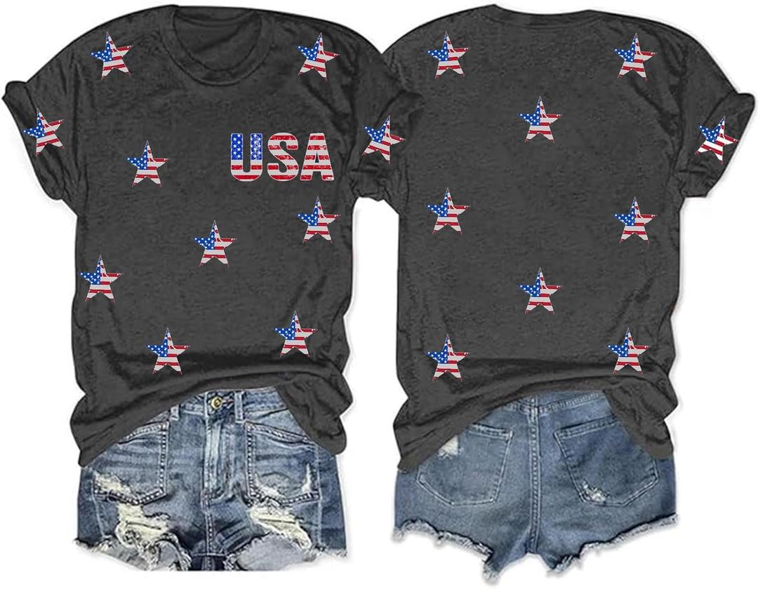 American Flag Patriotic T-Shirt Women 4th of July Gift Shirt USA Flag Stars Stripes Graphic Short Sleeve Casual Tops (Medium, Grey1)
