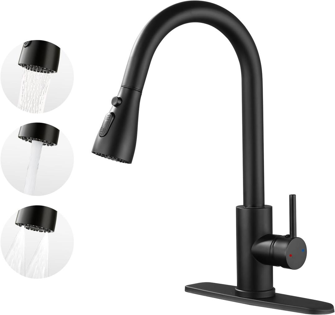 Kitchen Faucet with Pull Down SprayerStainless Steel Single Handle Kitchen Faucet1/3 Hole, Deck Plate IncludedSuitable for farmhouses, Campers, Laundry Rooms, RVs, and Bars(Black)