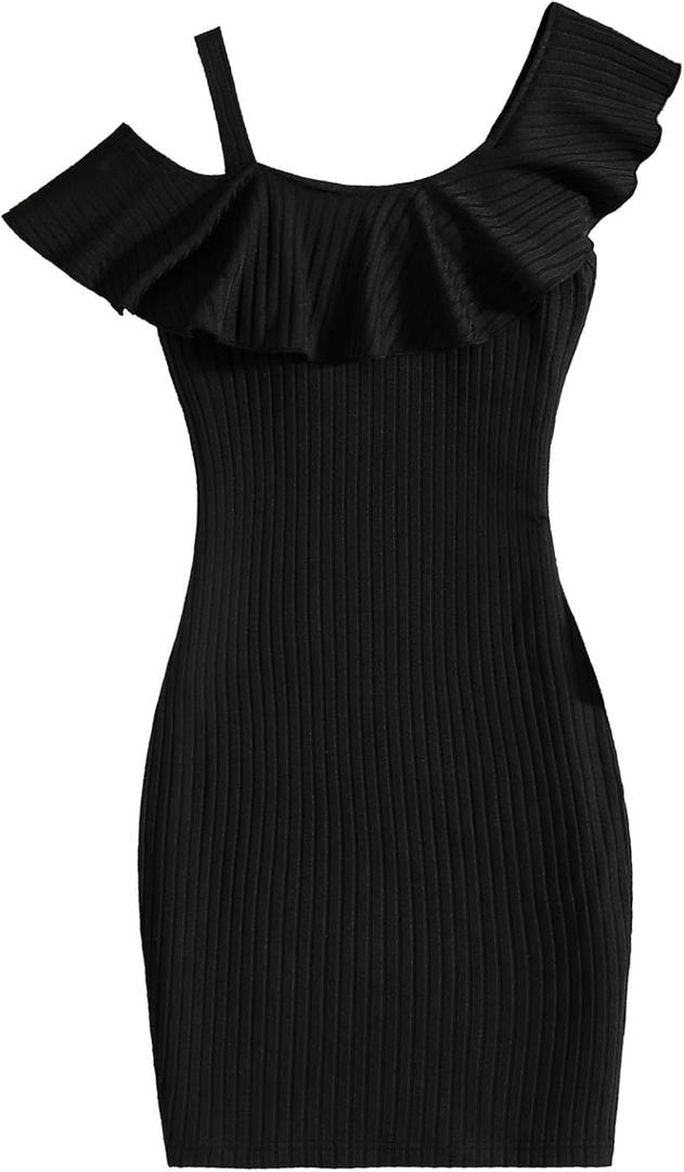 SOLY HUX Girl's Cold Shoulder Ruffle Short Sleeve Bodycon Mini Dress Ribbed Knit Party Dress Pure Black 13-14Y