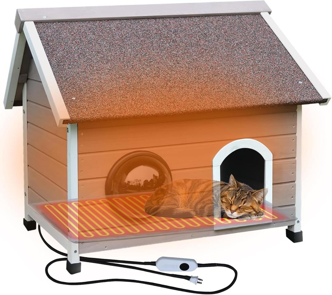 Rockever Heated Outdoor Cat House, 100% Weatherproof Heated Cat House for Outside Cats Winter with Heating Pad, Safe Escape Door and Clear Windows for 2 Cat