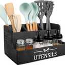 RedCall Extra Large Kitchen Utensils Holder 4 Compartments,Wood Utensil Organizer for Kitchen Countertop,Farmhouse Cooking Utensil Holder with Spice Storage space (Black)