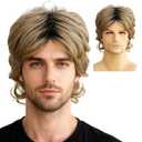Short Blonde Dark Roots Mens White Blonde Pelucas Hallowen Costume Realistic Synthetic Fiber 60s Shaggy Cosplay Wig (5 x 7 x 1.2 inches)