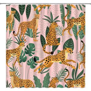 Leopard Palm Leaves Shower Curtain Cheetah Tropical Jungle Animal Wildlife Tiger Big Cat Boho Aesthetic Minimalist Modern Art Fabric Bathroom Decor Curtains with Hooks,Pink Yellow Green (70"W x 70"L (Pack of 1))