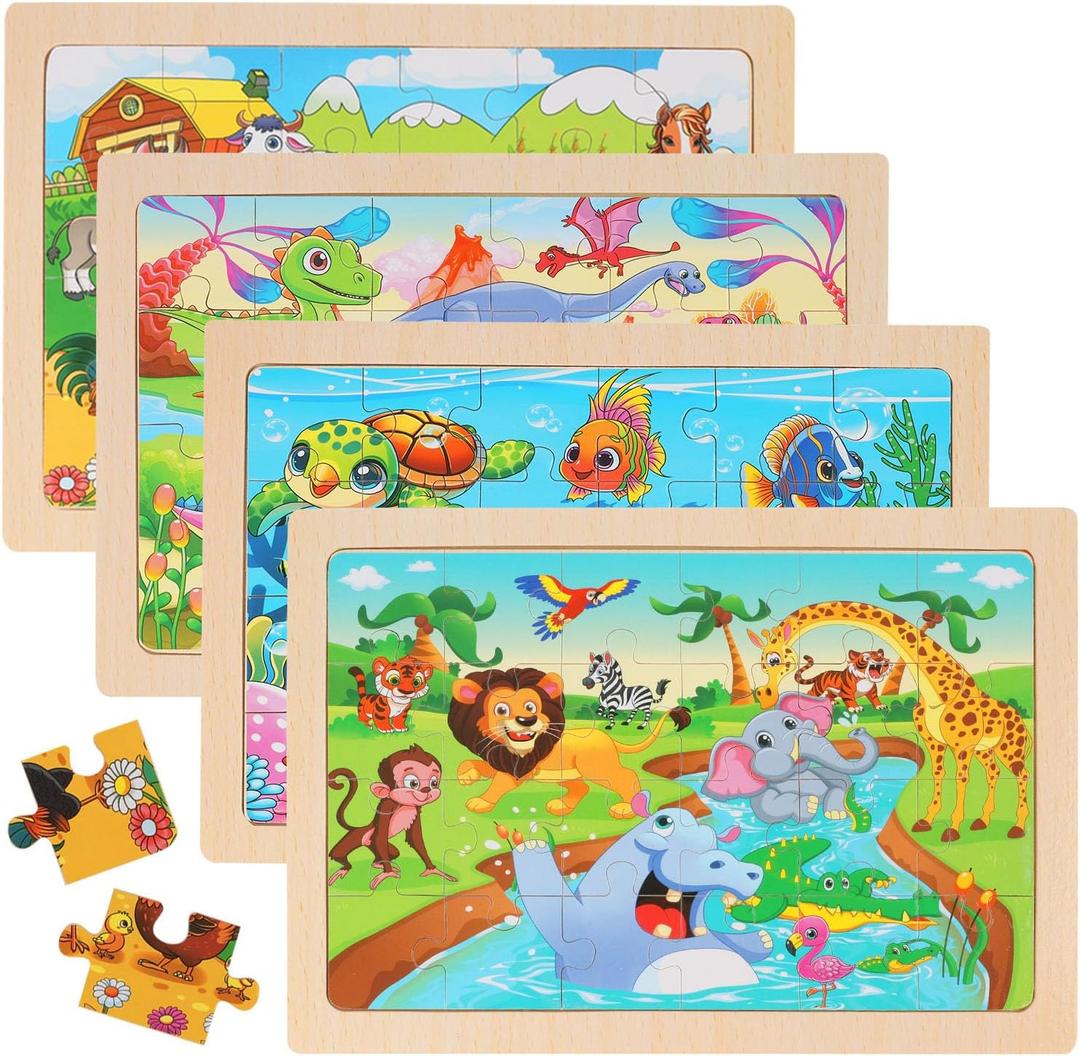 3 x Wooden Puzzles for Kids Ages 4-6, 24 Piece Animal Dinosaur Marine Farm Jigsaw Puzzles 4 Packs, Preschool Toddlers Learning Activity Puzzles Toys for Boys Girls 3 4 5 6 Years Old, 24 pieces, 8.9 inches x 5.9 inches