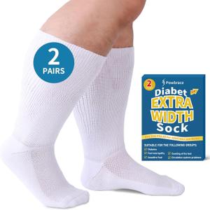 2 Pairs Wide Diabetic Socks for Men Women Plus Size, Lymphedema, Swollen Feet, Edema, Loose Fit, Non-Binding, Bariatric, Hospital Cast - White