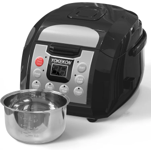Rice Cooker Stainless Steel Inner Pot, YOKEKON Professional 6 Cup Uncooked Rice Cooker with Basket Steamer, 24H Delay Timer and Auto Keep Warm, Rice/Quick Cook/Brown Rice/Steam/Yogurt, Black