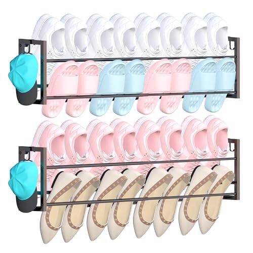 2 Pack Wall Mounted Shoe Rack for Narrow Spaces, Hanging Shoe Rack Holds 16 Pairs, 17"-30"Adjustable Heavy Duty Wall Shoe Storage with 4 Storage Hooks, Space Saving for Closet Entryway Door, Black