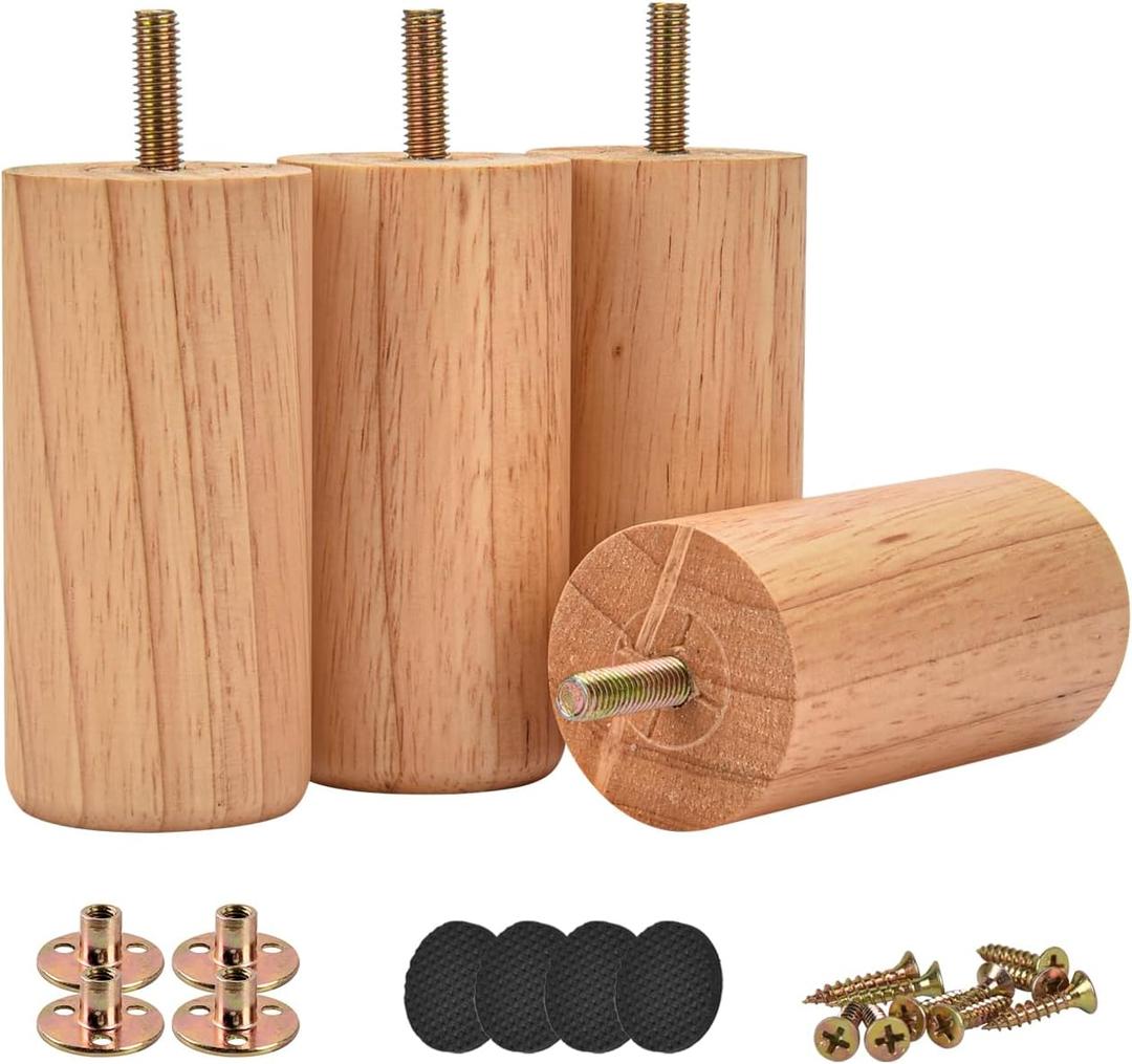 4 inch Solid Wood Furniture Legs, 4Pcs Modern Round Wooden Bun Feet with Threaded 5/16'' Hanger Bolts & Mounting Plate & Screws for Sofa Couch Cabinet Bed