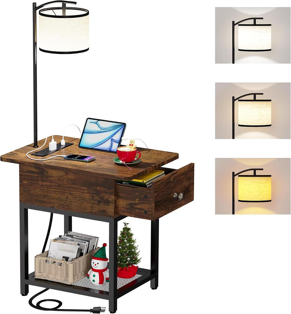 Floor Lamp with Table, Narrow Side Table with Charging Station