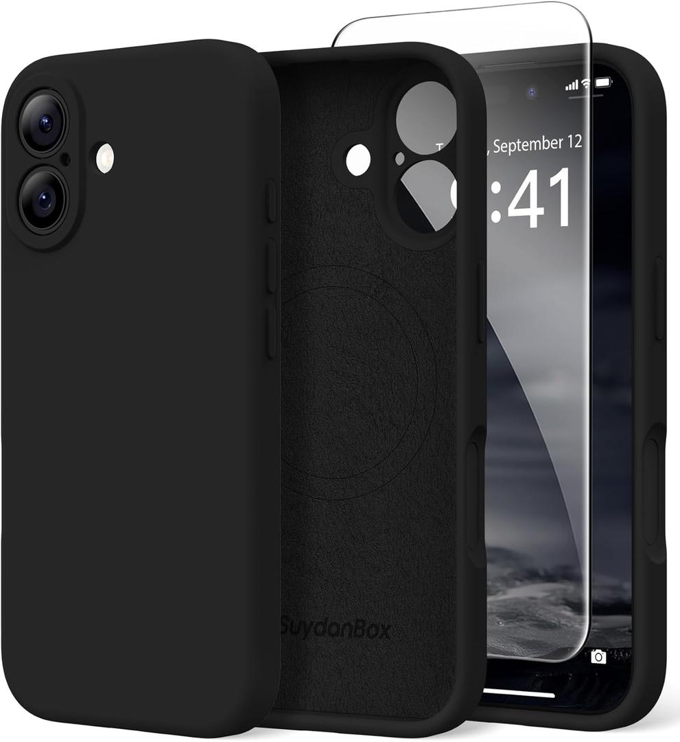 Magnetic for iPhone 16 Case, Compatible with MagSafe, [Screen Protector + Full Camera Protection], Silicone Shockproof Anti-Scratch Protective Phone Case for iPhone 16 6.1", Black