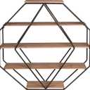 Kate and Laurel Lintz Large Octagon Shaped Floating Wood Book Shelves for Decorative Wall Display, Black Metal Frame with Rustic Brown Shelves, 30.5x31