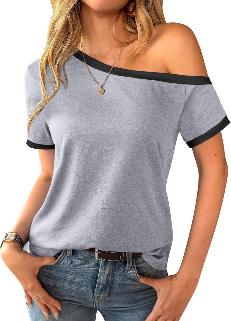 LilyCoco Women Short Sleeve Off The Shoulder Tops Asymmetrical Ringer Tee Shirts Grey X-Large (Gray, XL)