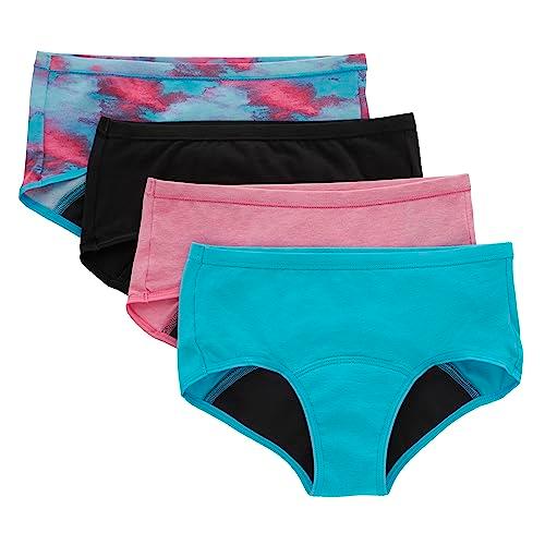 Hanes Girls' Big Comfort Underwear, Hipster Period Panties, Moderate Protection, 4-Pack, Boyshort-Pink/Blue/Black-4 Pack, 1