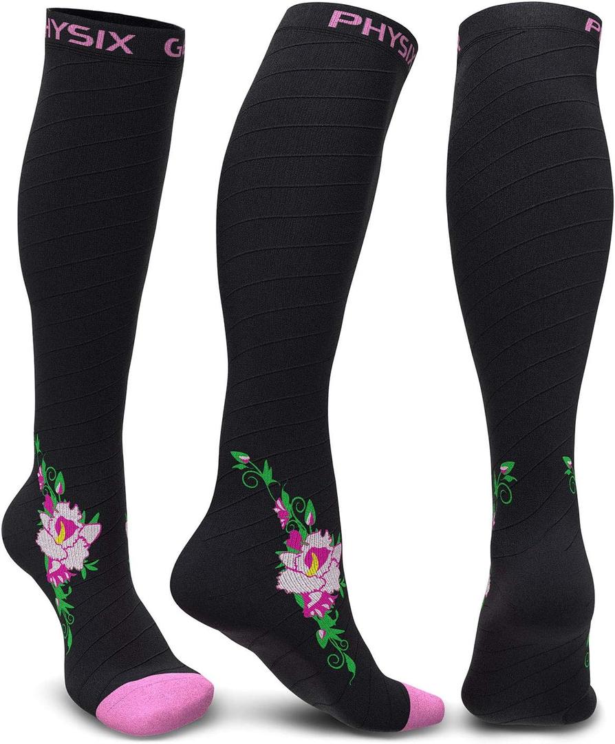 Physix Gear Compression Socks 20-30 mmHg - Men & Women - Running, Nurses, Shin Splints, Flight, Travel (Black/Pink Flower) L/XL