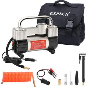 GSPSCN 6X Faster Inflation Tire Inflator Heavy Duty Double Cylinders with Portable Bag- Car AccessoriesMetal 12V Air Compressor Pump 150PSI with Adapter for Car, Truck, SUV Tires, Dinghy, Air Bed (Silver)