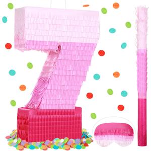 Sratte Number Piata Pink Piata Birthday Decorations Gradient with Stick Blindfold Confetti for Girls Boys Birthday Anniversary Party Decorations Supplies(Number 7)