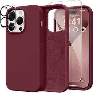 GONEZ for iPhone 14 Pro Max Case Silicone, Compatible with MagSafe, with Screen Protector + Camera Lens Protector, Liquid Silicone Shockproof Protective Phone 14 ProMax Case 6.7", Maroon