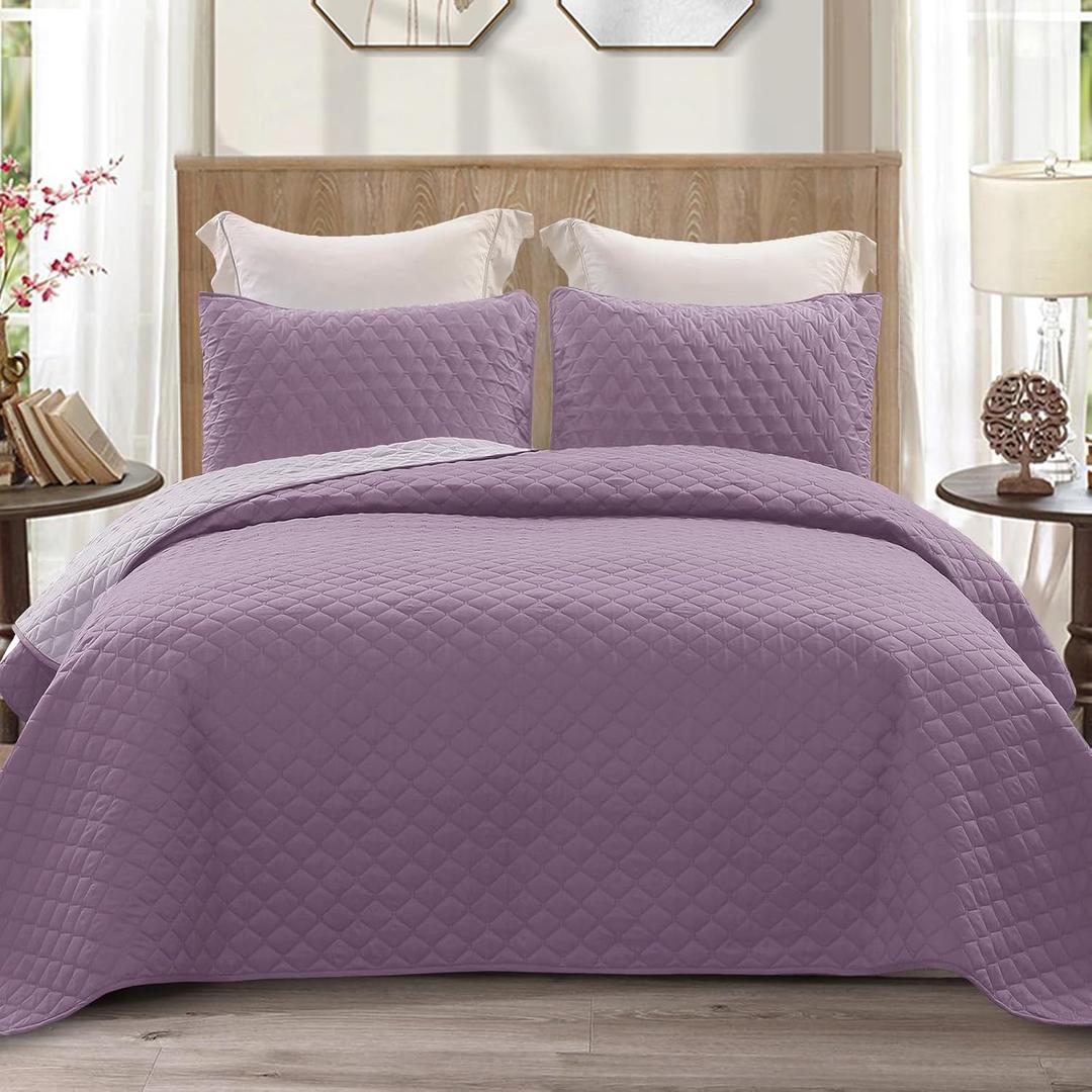 Exclusivo Mezcla Reversible King Size Quilt Bedding Set with Pillow Shams, Lightweight Quilts King Size, Soft Bedspreads Bed Coverlets for All Seasons - (Dusty Lavender, 104"x96")