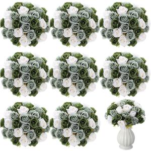 Hoteam 72 Heads White Green Artificial Rose Flowers 6 Bouquet Wedding Decoration Faux Flower Arrangement Bouquet with Stem Bridal Shower Gift Floral Centerpiece for Tables